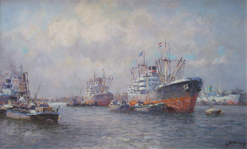 Molenaar, J.P. Molenaar, Johannes Petrus Molenaar, Joop Molenaar was born in 1904 in rotterdamand he died in 1990 also in Rotterdam. he was a painter of harbour views.