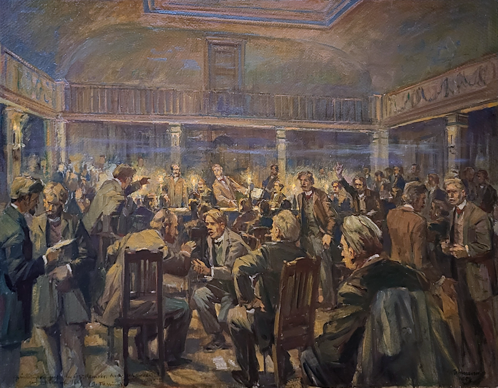 Oprichtingscongres van de Sociaal-Democratische Arbeiderspartij in Eisenach in 1869, gedateerd 1954, olieverf op schildersboard, afmeting 60x80cm paneelmaat, 1750,- euro, nr. 27