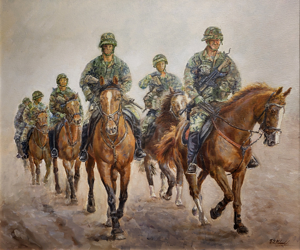 E.P. Moleveld, militairen te paard in Afghanistan, olieverf op linnen, afmeting 50x60cm doekmaat, 1650,- euro, nr. 25