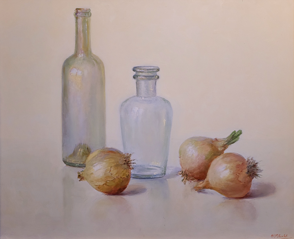 E.P.Moleveld, glas en uien, olieverf op linnen, afmeting 40x50cm doekmaat, 1500,- euro, nr. 19