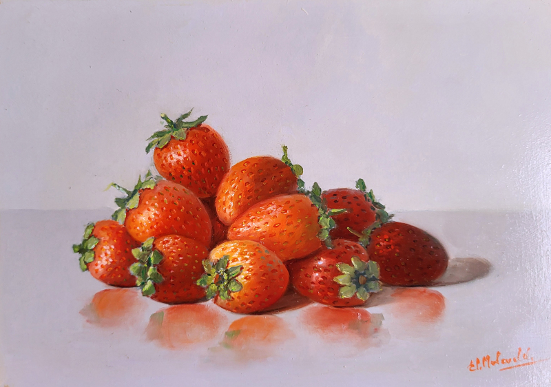 Ed Moleveld, aardbeien, olieverf op paneel, afmeting 13x18cm paneelmaat, zonder lijst 225,- euro, nr. 37