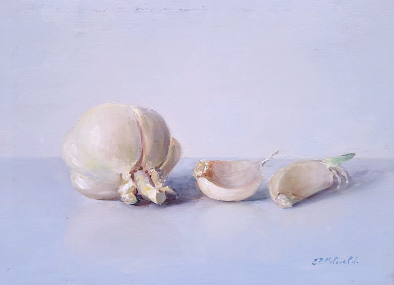 Ed Moleveld, knoflook, olieverf op paneel, afmeting 13x18cm paneelmaat, zonder lijst 225,- euro, nr. 43