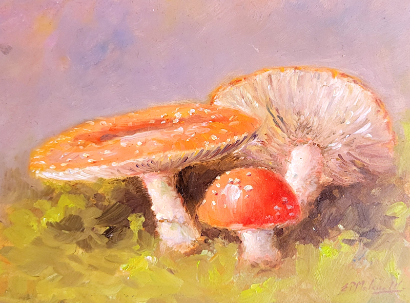 Ed Moleveld, paddestoelen, olieverf op paneel, afmeting 13x18cm paneelmaat, zonder lijst 225,- euro, nr. 48