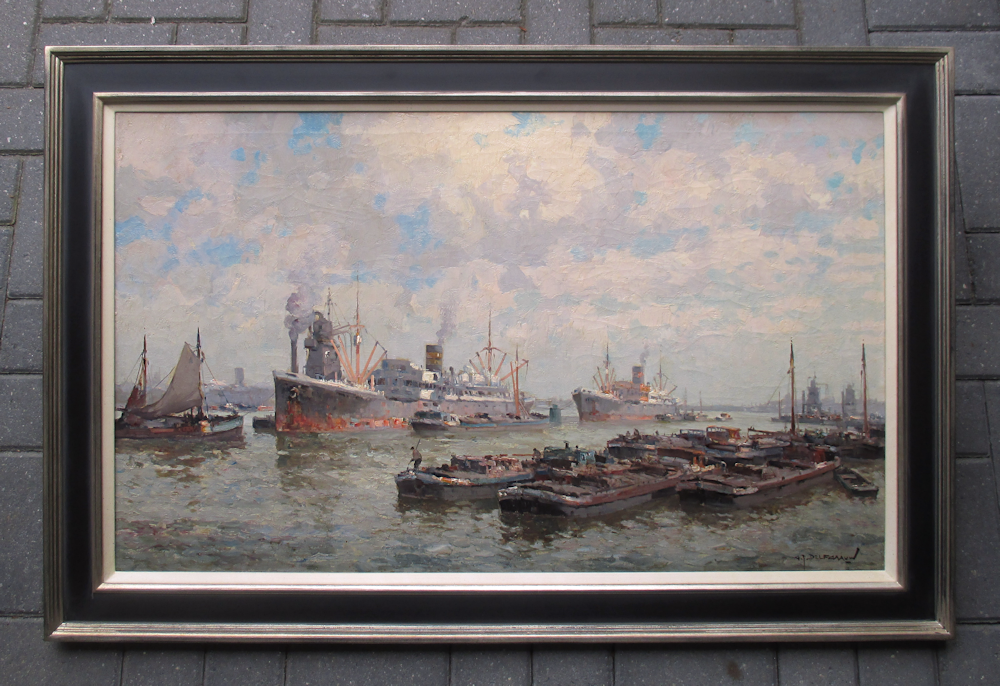 G.J. Delfgaauw, Maashaven Rotterdam, olieverf op linnen, afmeting 60x100cm doekmaat, afmeting incl. lijst 82x102cm, nr. 6