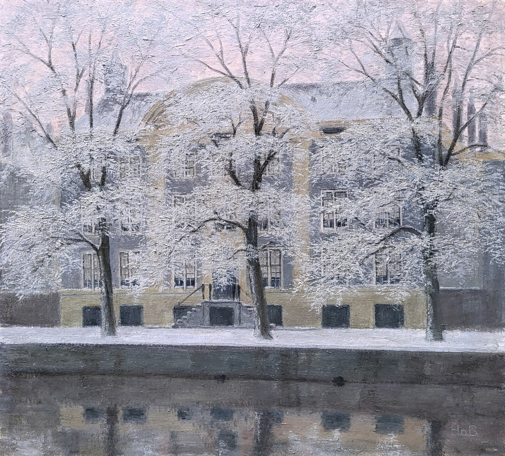 H. de Boer, Corvershof, N. Heerengracht Amsterdam, olieverf op schilders board, afmeting 44x48cm paneelmaat, 350,- euro, nr. 50