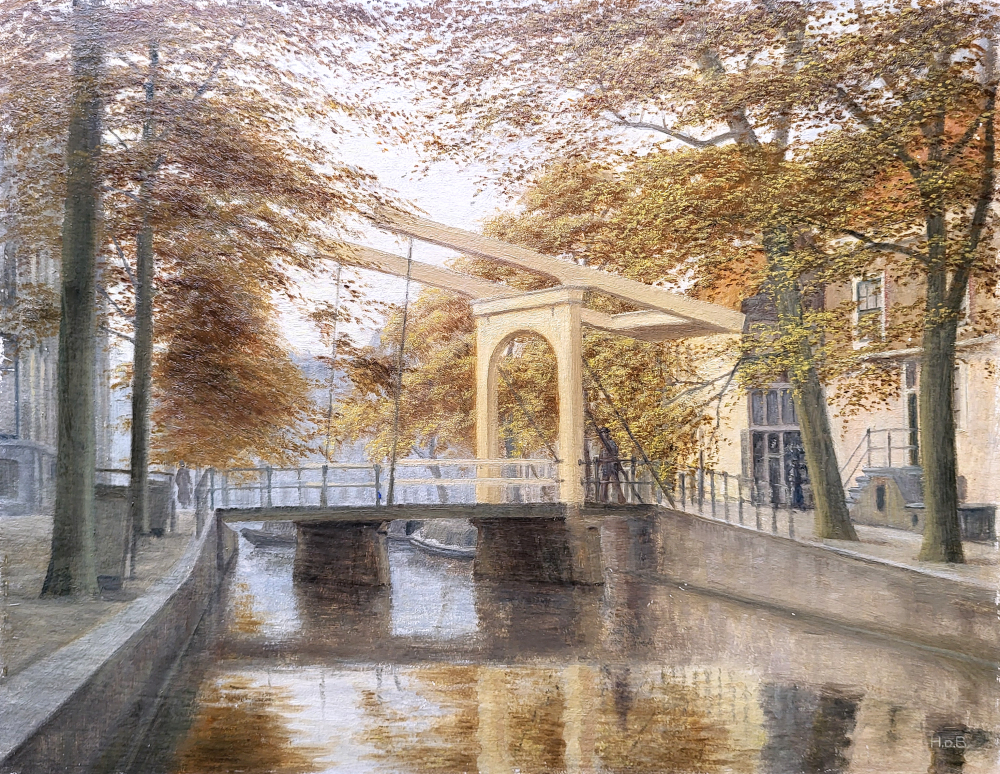 H. de Boer, Groenburgwal Amsterdam, olieverf op schilders board, afmeting 45x58cm, zonder lijst, 450,- euro, nr. 47