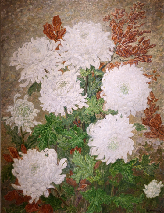 H.A. Ravenswaay of Ravenswaaij, chrysanten, olieverf op paneel, afmeting 64x81cm paneelmaat, 950,- euro, nr. 55