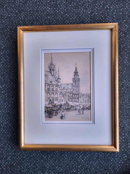 Anton Pieck, Gouda, gem. techniek, afmeting 16x24cm beeldmaat, afmeting incl. lijst 32x40cm, 1750,- euro, nr. 32