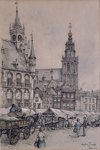 Anton Pieck, Gouda, gem. techniek, afmeting 16x23cm beeldmaat, 1750,- euro, nr. 31