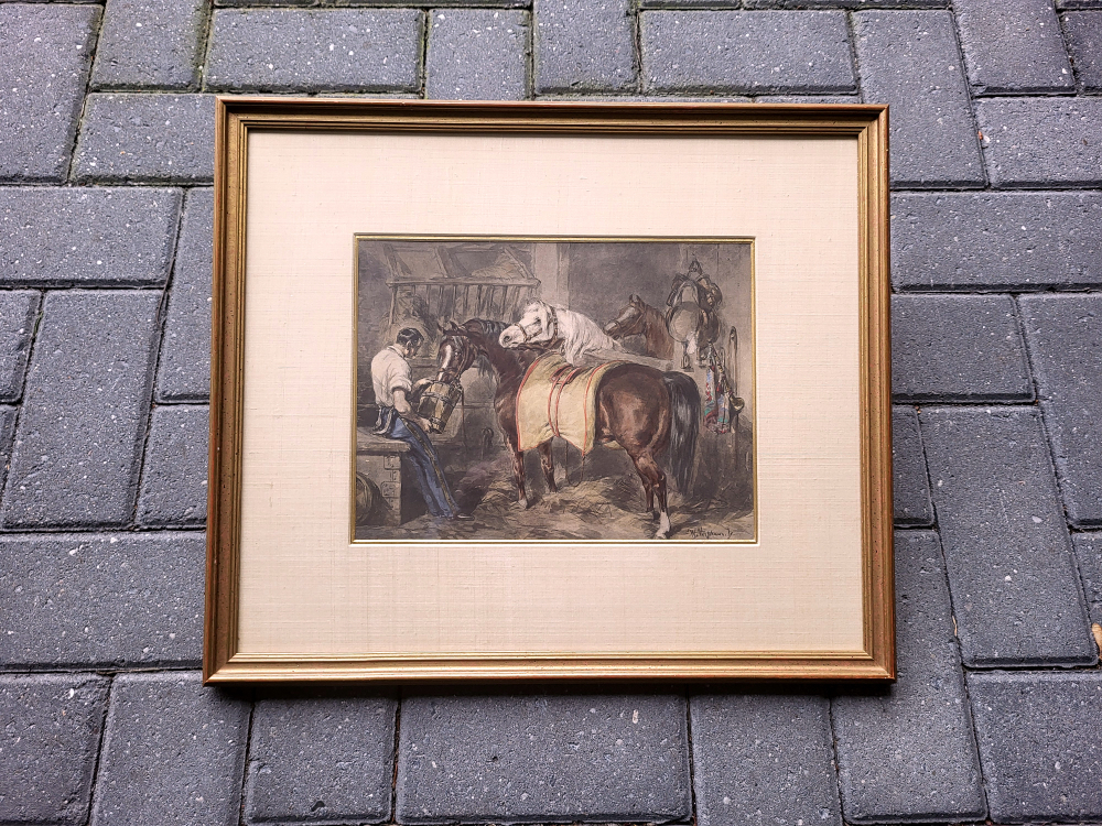 W. Verschuur junior, paarden stalinterieur, aquarel, afmeting 23x30 beeldmaat, afmeting incl. lijst 43x50cm, 650,- euro, nr. 26