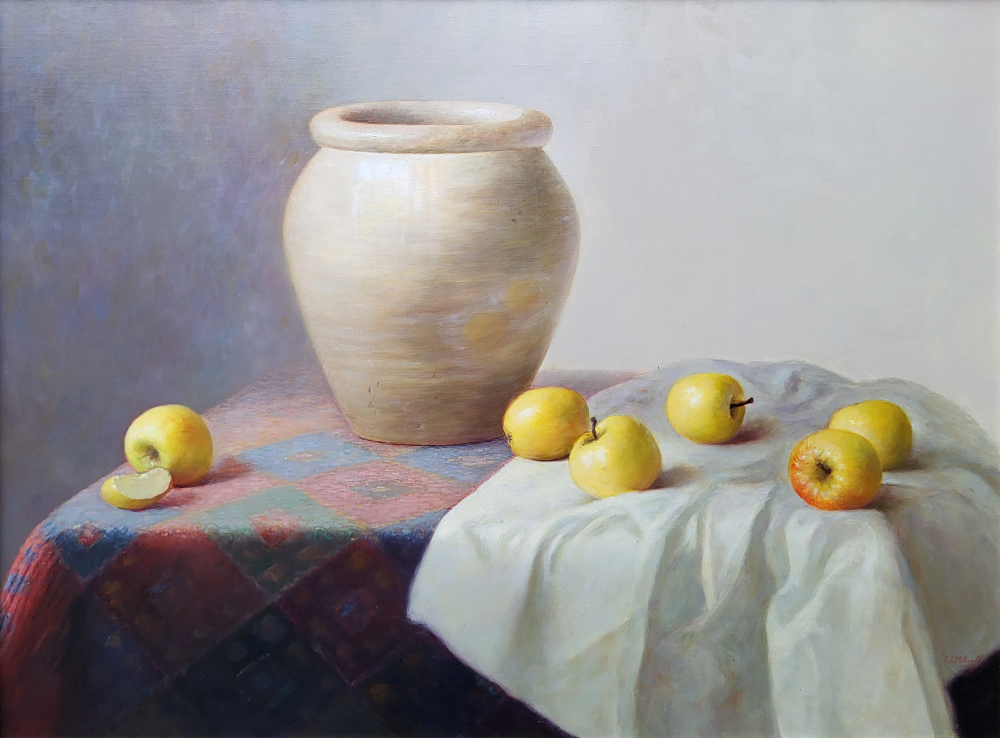 E.P. Moleveld, kleed met appels, olieverf op linnen, afmeting 60x80cm doekmaat, 1800,- euro, nr. 400