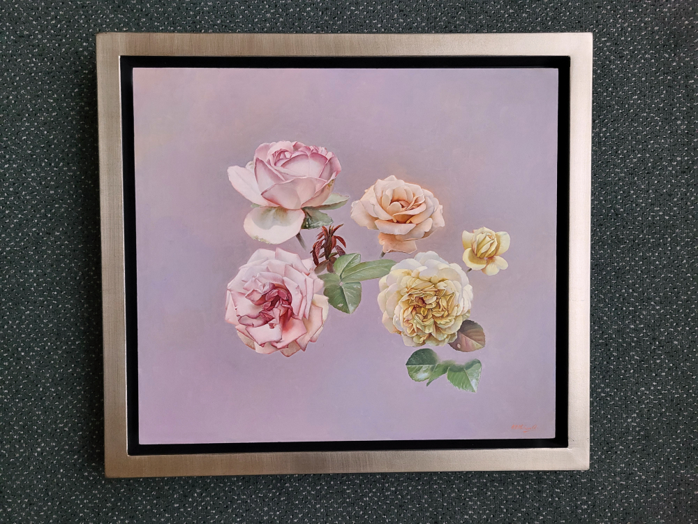 E.P. Moleveld, rozen, afmeting 40x45cm paneelmaat, afmeting incl. lijst 46x51cm, 1500,- euro, nr. 409