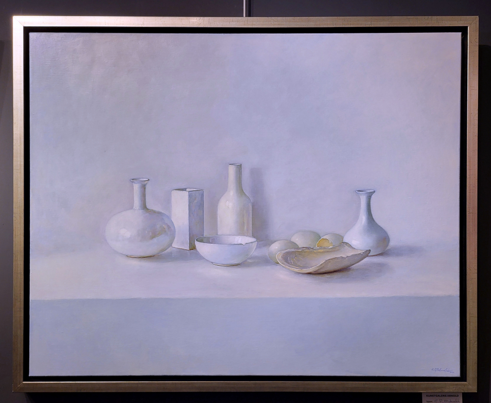 E.P.Moleveld, keramiek met ei, olieverf op linnen, afmeting 80x100cm doekmaat, afmeting incl. lijst 86x106cm, 2450,- euro, nr. 431