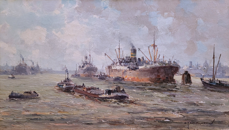 G.J. Delfgaauw, afmeting 25x45cm doekmaat, olieverf op linnen, havengezicht Rotterdam, lijst in bestelling, 850,- euro, nr. 33