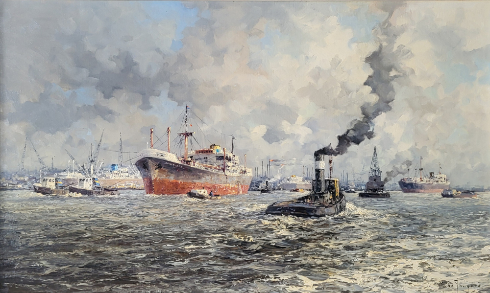 M. de Jongere, havengezicht Rotterdam, olieverf op linnen, afmeting 60x100cm doekmaat, 2650,- euro, nr. 35