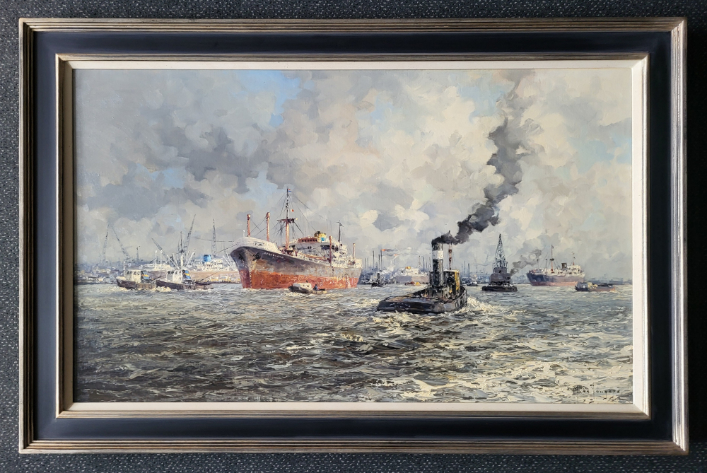 M. de Jongere, Havengezicht Rotterdam, olieverf op linnen, afmeting 60x100cm doekmaat, afmeting incl. lijst 80x120cm, 2650,- euro, nr. 2, lijst nog niet op voorraad