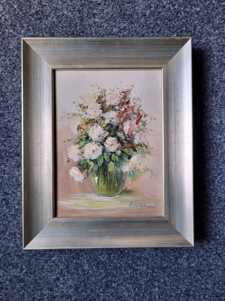 Schlottler, olieverf op linnen, bloemstuk, afmeting incl. lijst 30x35cm, 50,- euro, nr. 60