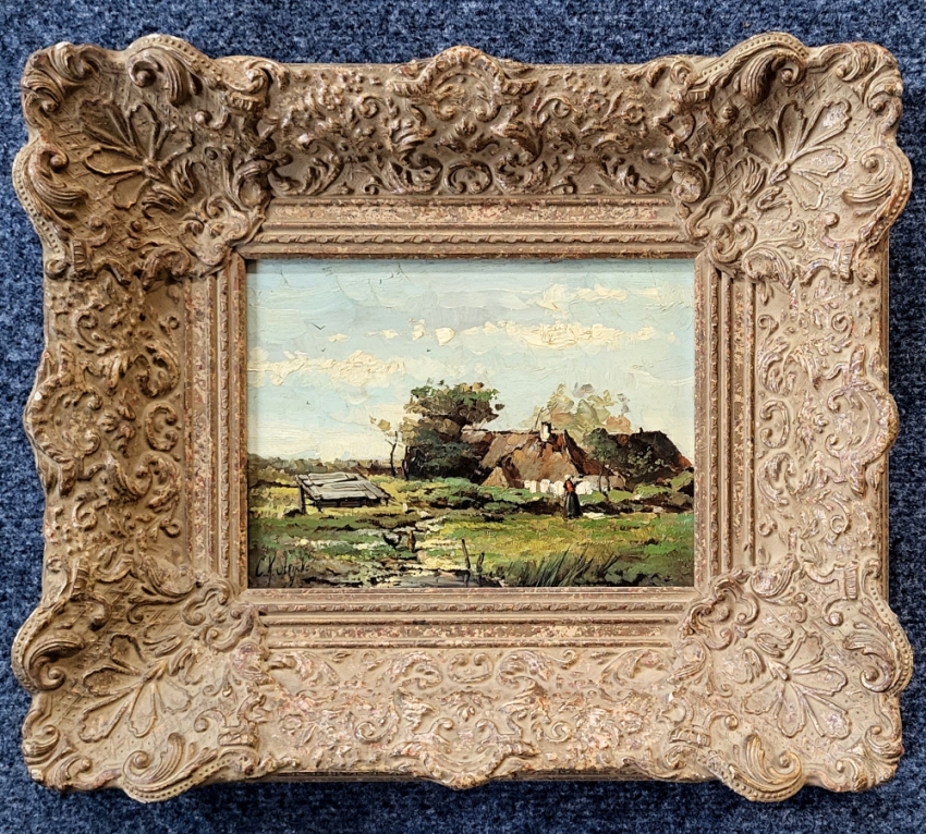 C.K.A. Rijcke, boerenerf, olieverf op paneel, afmeting 18x24cm paneelmaat, afmeting incl. lijst 38x44cm, nu 95,- euro, nr. 13