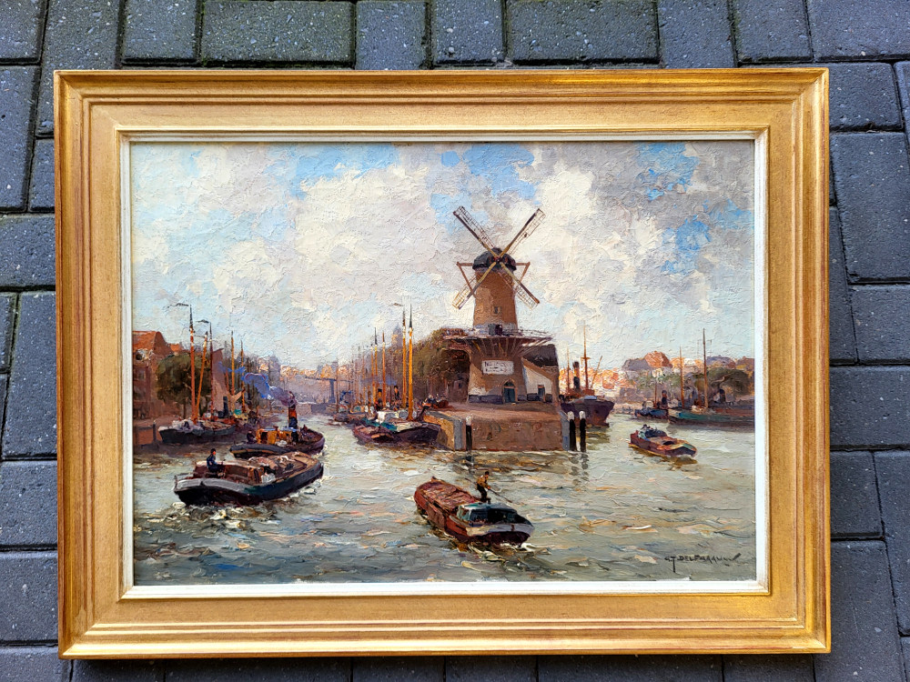 G.J. Delfgaauw, Delftshaven Rotterdam, olieverf op linnen, afmeting 50x70cm doekmaat, afmeting incl. bladgouden lijst 66x86cm, 1650,- euro, nr. 18