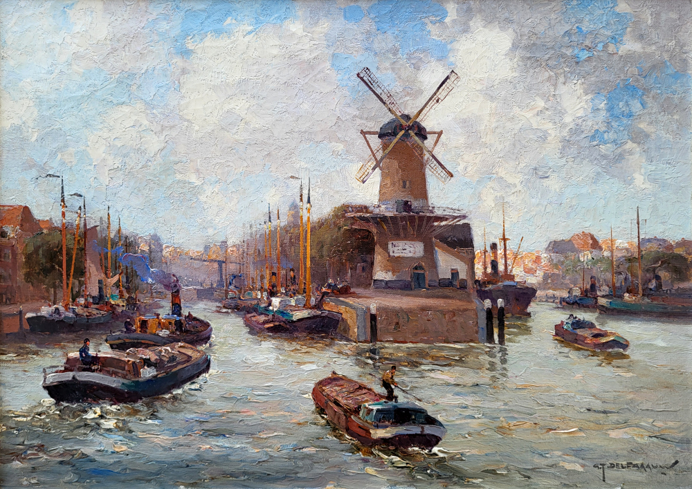 G.J. Delfgaauw, Delftshaven Rotterdam, olieverf op linnen, afmeting 50x70cm doekmaat, 1650,- euro, nr. 17