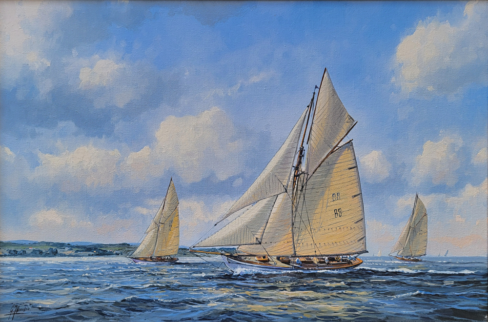 G.J. Veenstra, zeilschepen aan de kust, olieverf op linnen, afmeting 40x60cm doekmaat, nr. 5