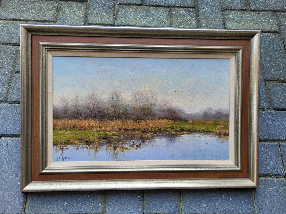 Frits Goosen, eenden aan de waterkant, olieverf op linnen, afmeting 30x50cm doekmaat, afmeting incl. lijst 44x64cm, 450,- euro, nr. 26