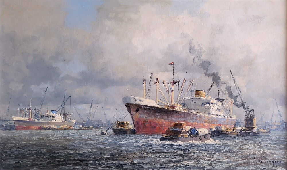 M. de Jongere, havengezicht Rotterdam, olieverf op doek, afmeting 60x100cm doekmaat, 2250,- euro, nr. 5